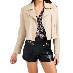 Generation Love Beige Cropped Moto Jacket with Gold Hardware